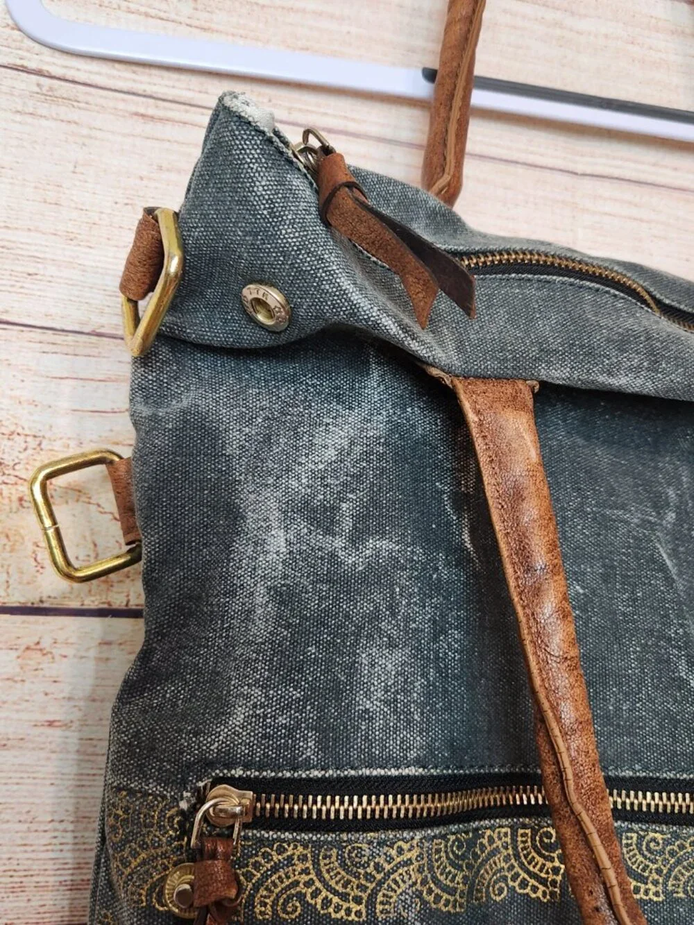 Mona B Denim & Gold Look Canvas Upcycled Drama Queen Foldover Crossbody Bag